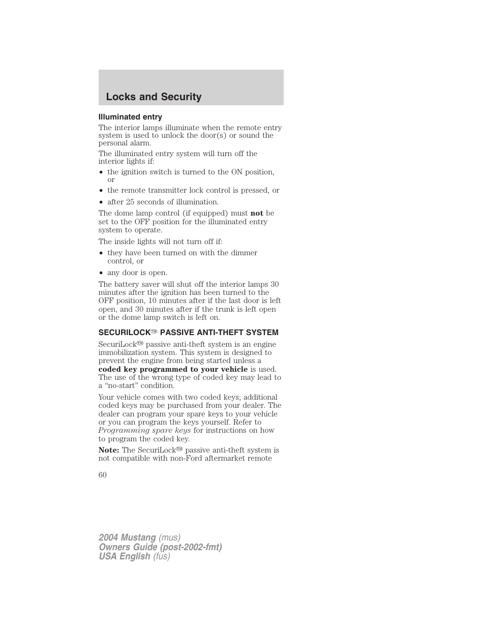Locks and security | FORD 2004 Mustang v.1 User Manual | Page 60 / 240