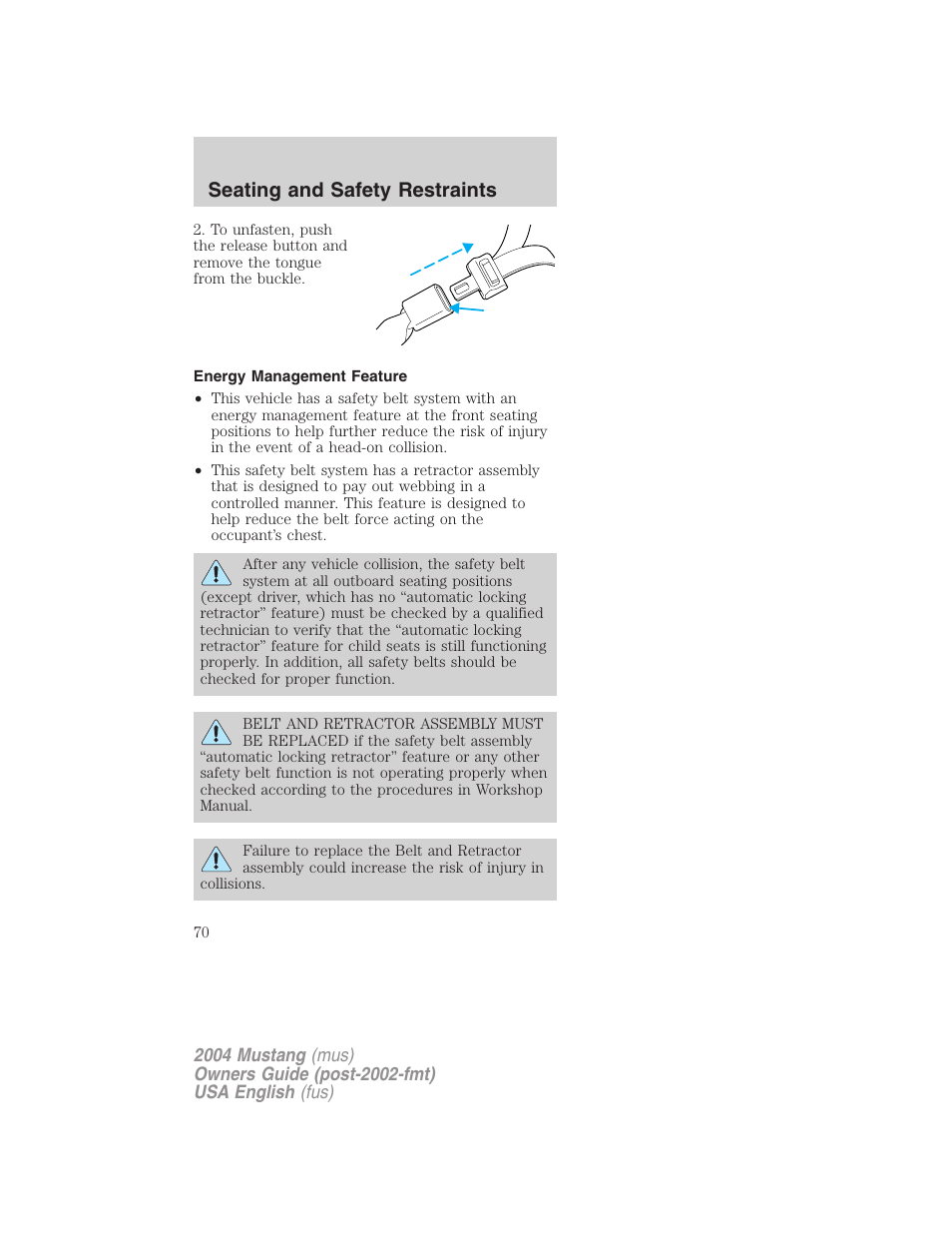 Seating and safety restraints | FORD 2004 Mustang v.1 User Manual | Page 70 / 240