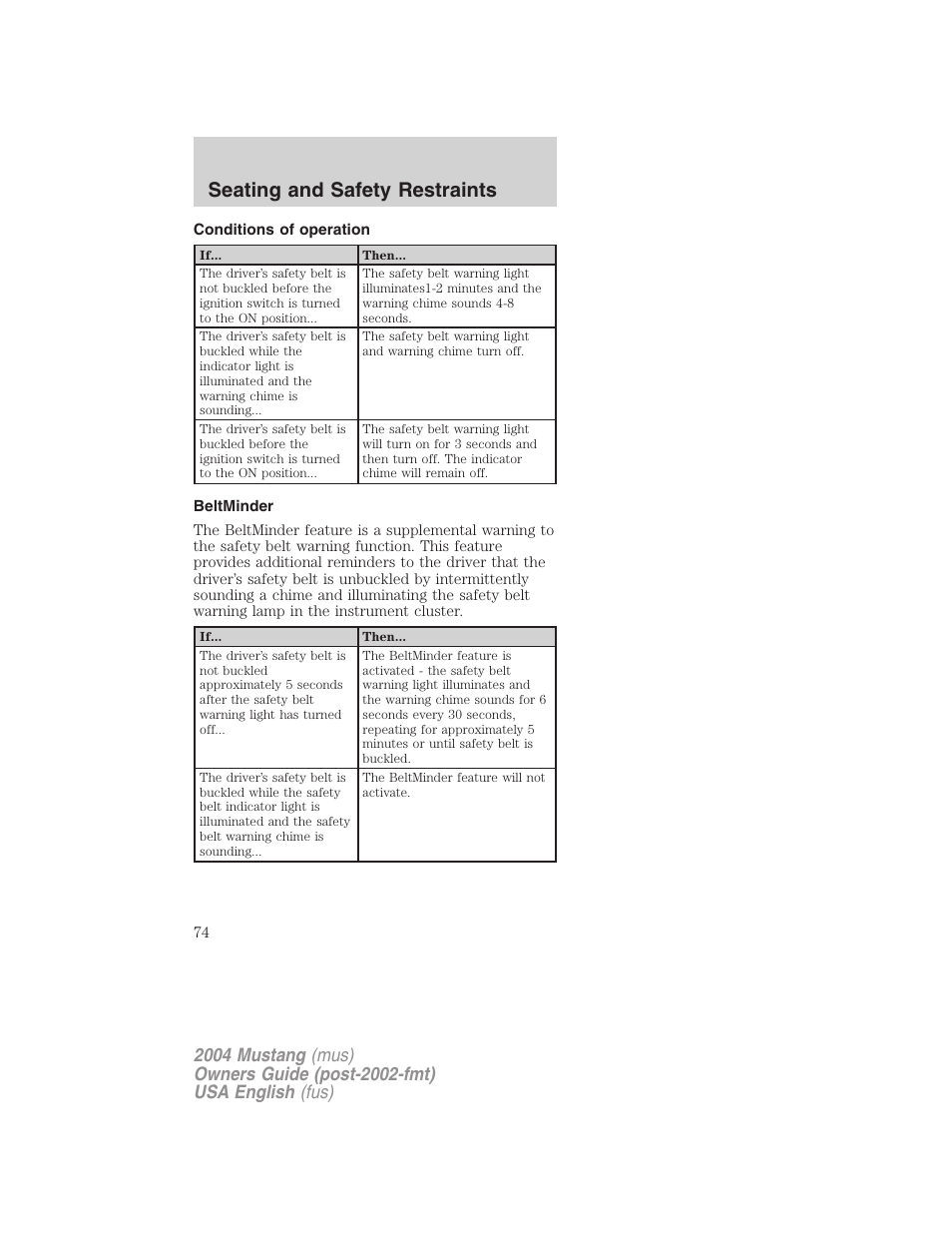 Seating and safety restraints | FORD 2004 Mustang v.1 User Manual | Page 74 / 240