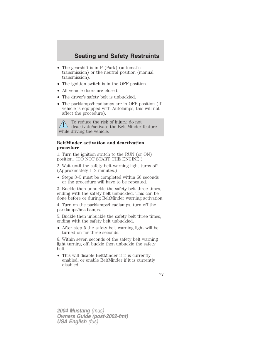 Seating and safety restraints | FORD 2004 Mustang v.1 User Manual | Page 77 / 240