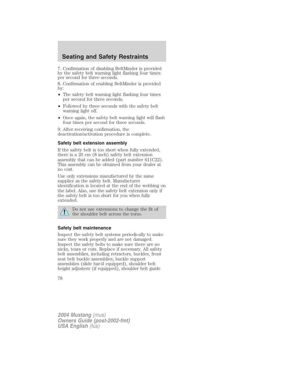 Seating and safety restraints | FORD 2004 Mustang v.1 User Manual | Page 78 / 240