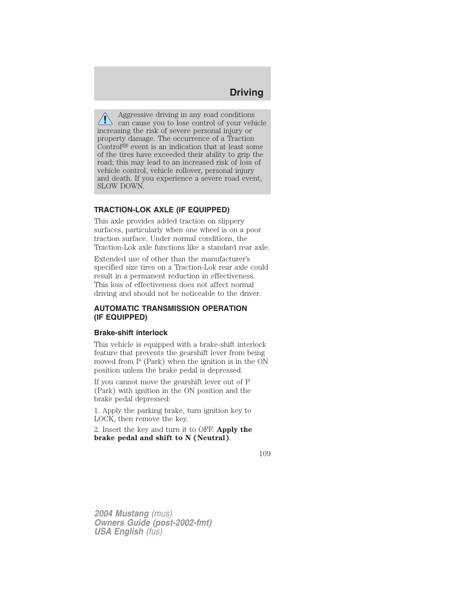 Driving | FORD 2004 Mustang v.2 User Manual | Page 109 / 240