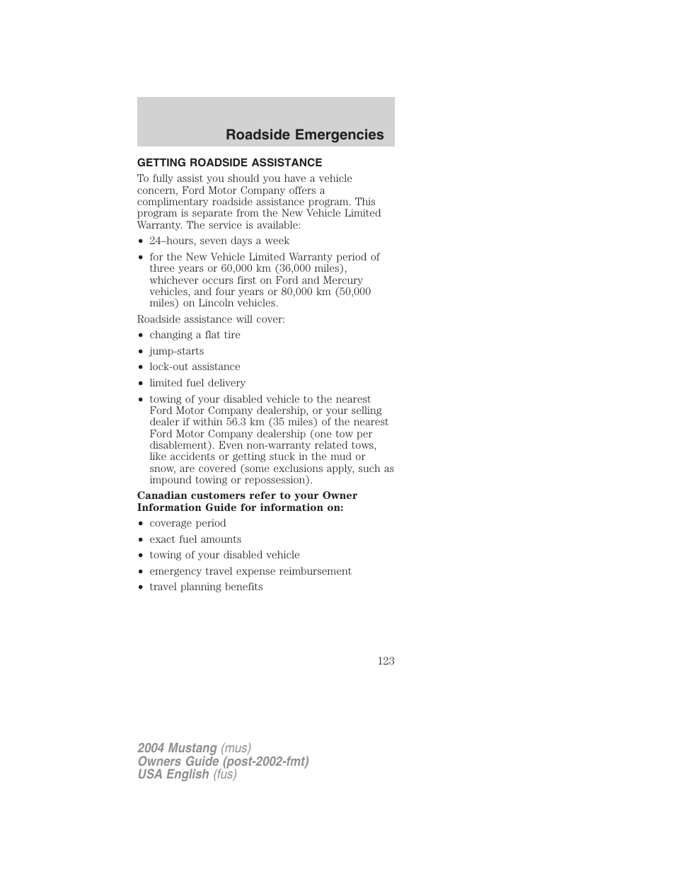 Roadside emergencies | FORD 2004 Mustang v.2 User Manual | Page 123 / 240