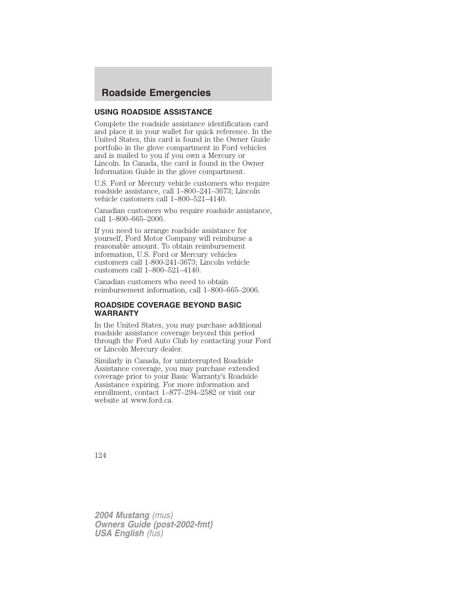 Roadside emergencies | FORD 2004 Mustang v.2 User Manual | Page 124 / 240