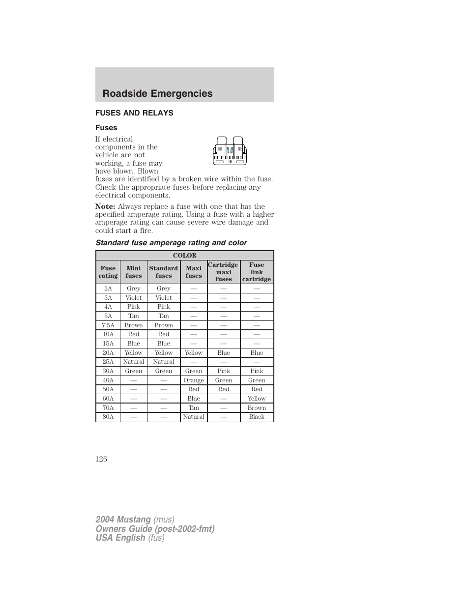 Roadside emergencies | FORD 2004 Mustang v.2 User Manual | Page 126 / 240