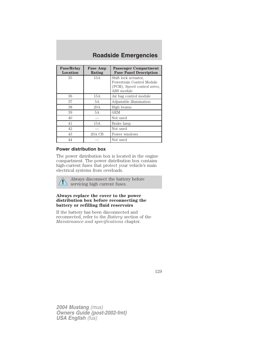 Roadside emergencies | FORD 2004 Mustang v.2 User Manual | Page 129 / 240