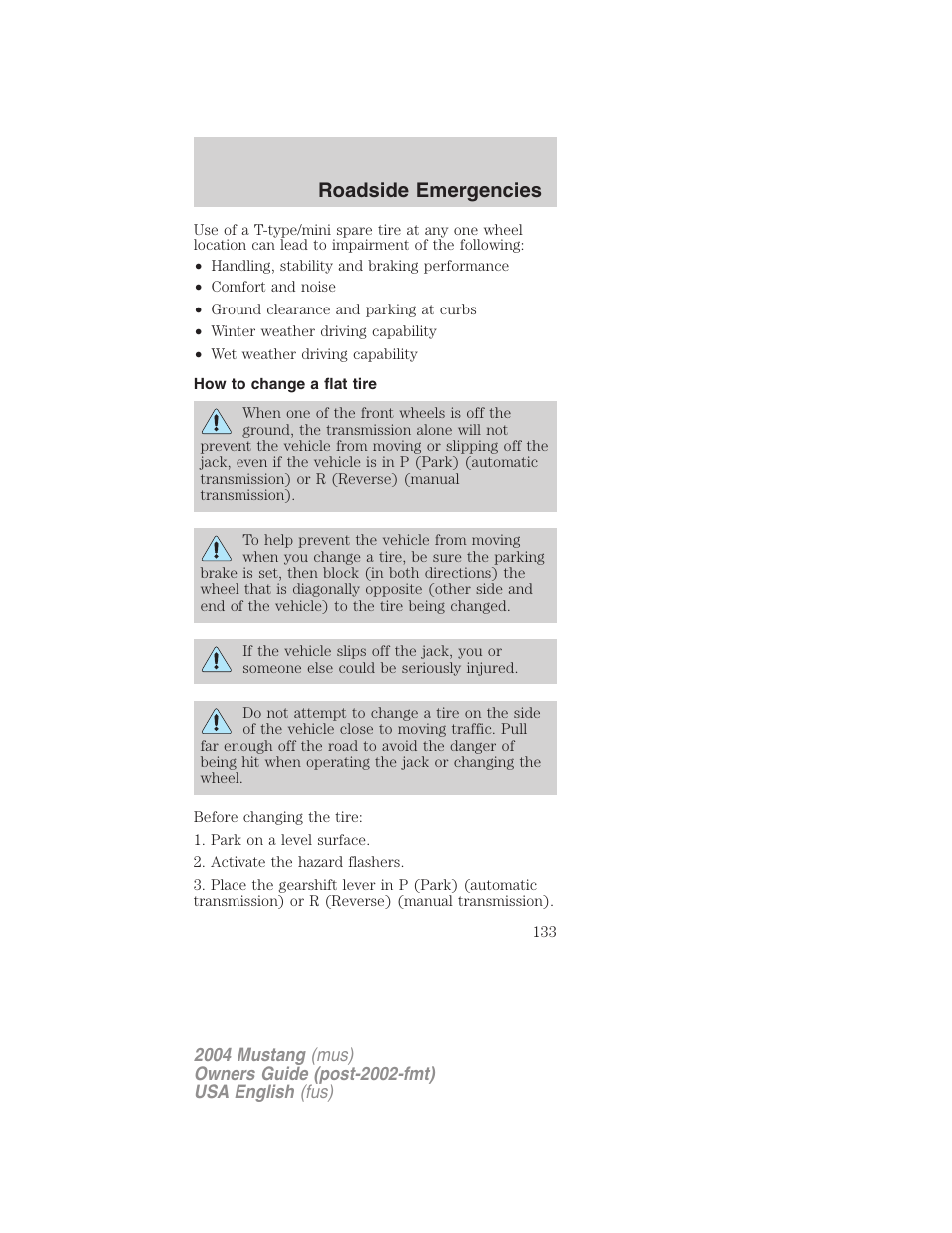 Roadside emergencies | FORD 2004 Mustang v.2 User Manual | Page 133 / 240