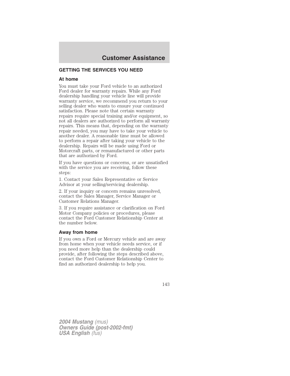 Customer assistance | FORD 2004 Mustang v.2 User Manual | Page 143 / 240