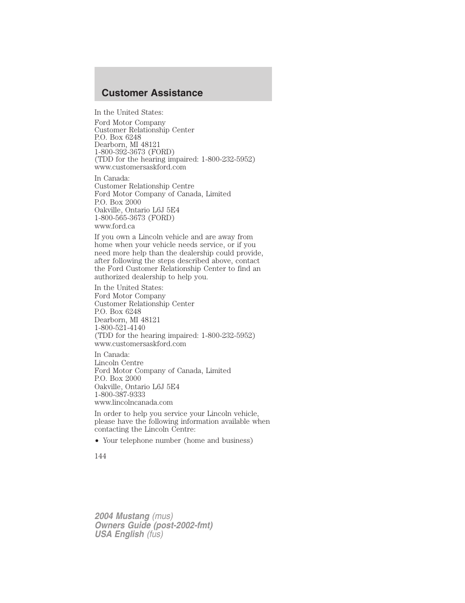 Customer assistance | FORD 2004 Mustang v.2 User Manual | Page 144 / 240