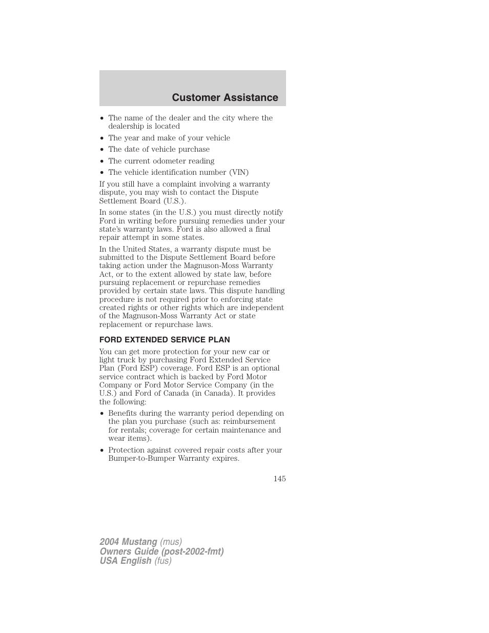 Customer assistance | FORD 2004 Mustang v.2 User Manual | Page 145 / 240