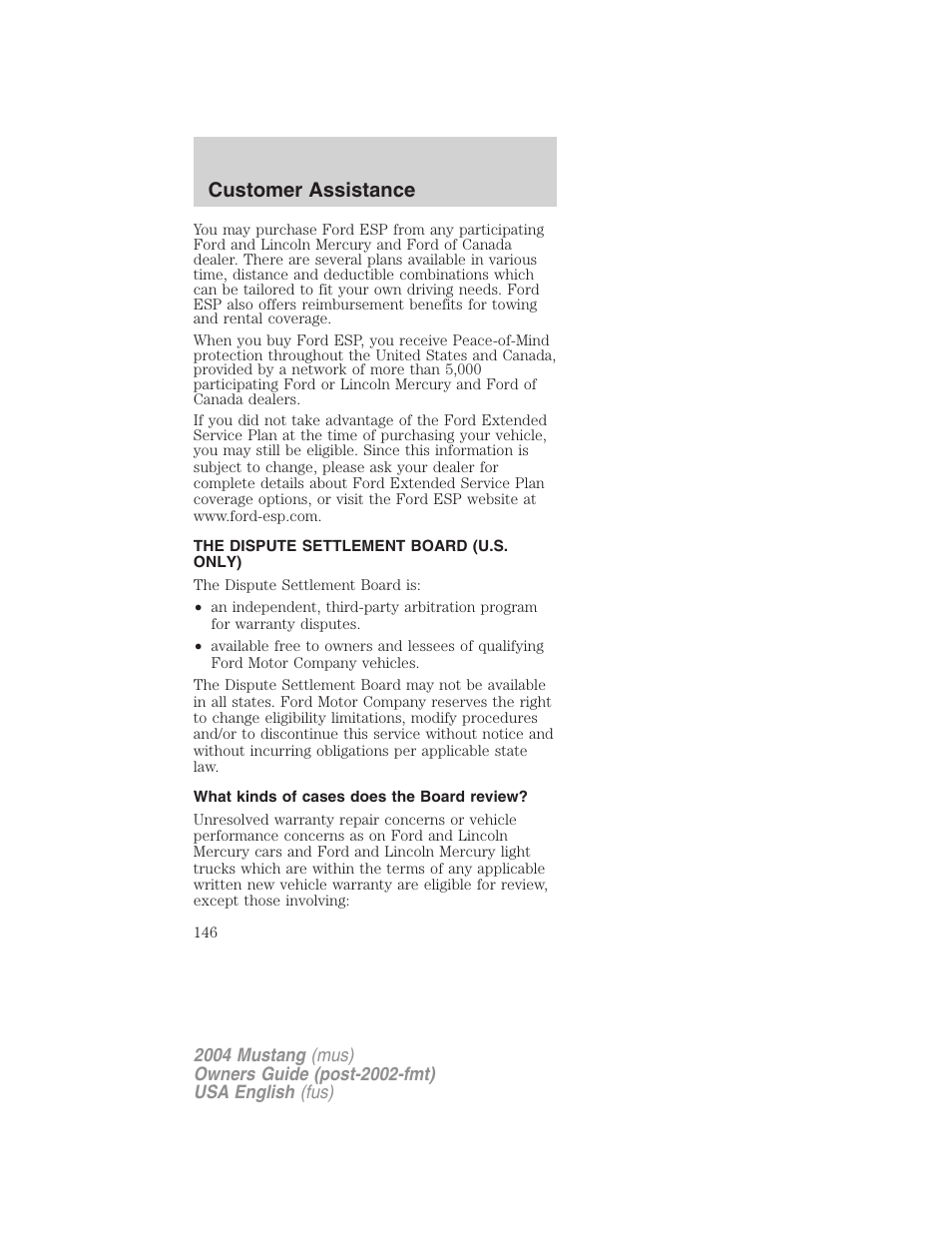 Customer assistance | FORD 2004 Mustang v.2 User Manual | Page 146 / 240