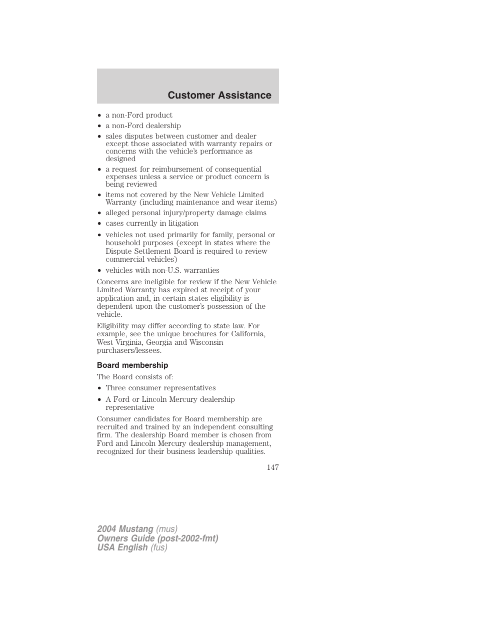 Customer assistance | FORD 2004 Mustang v.2 User Manual | Page 147 / 240