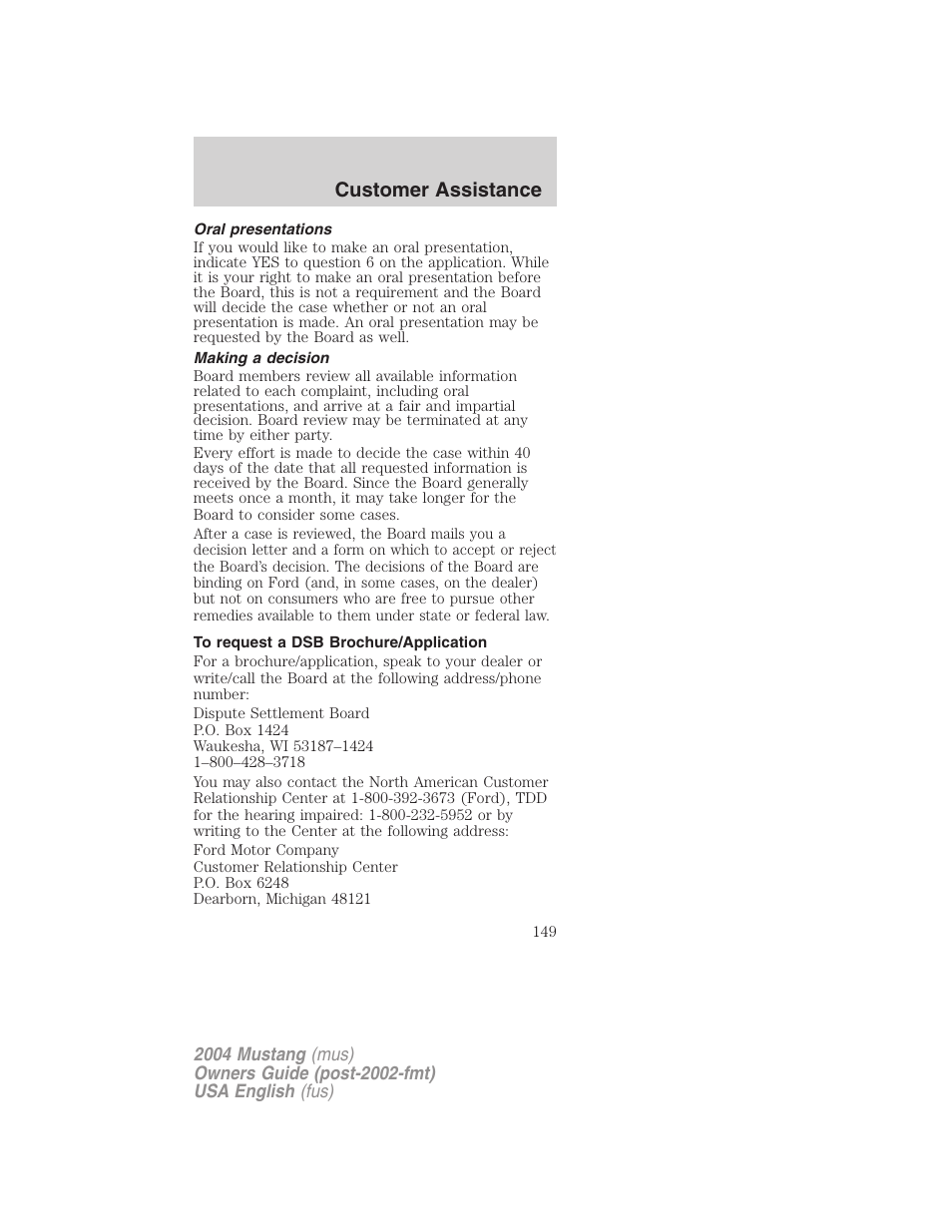 Customer assistance | FORD 2004 Mustang v.2 User Manual | Page 149 / 240