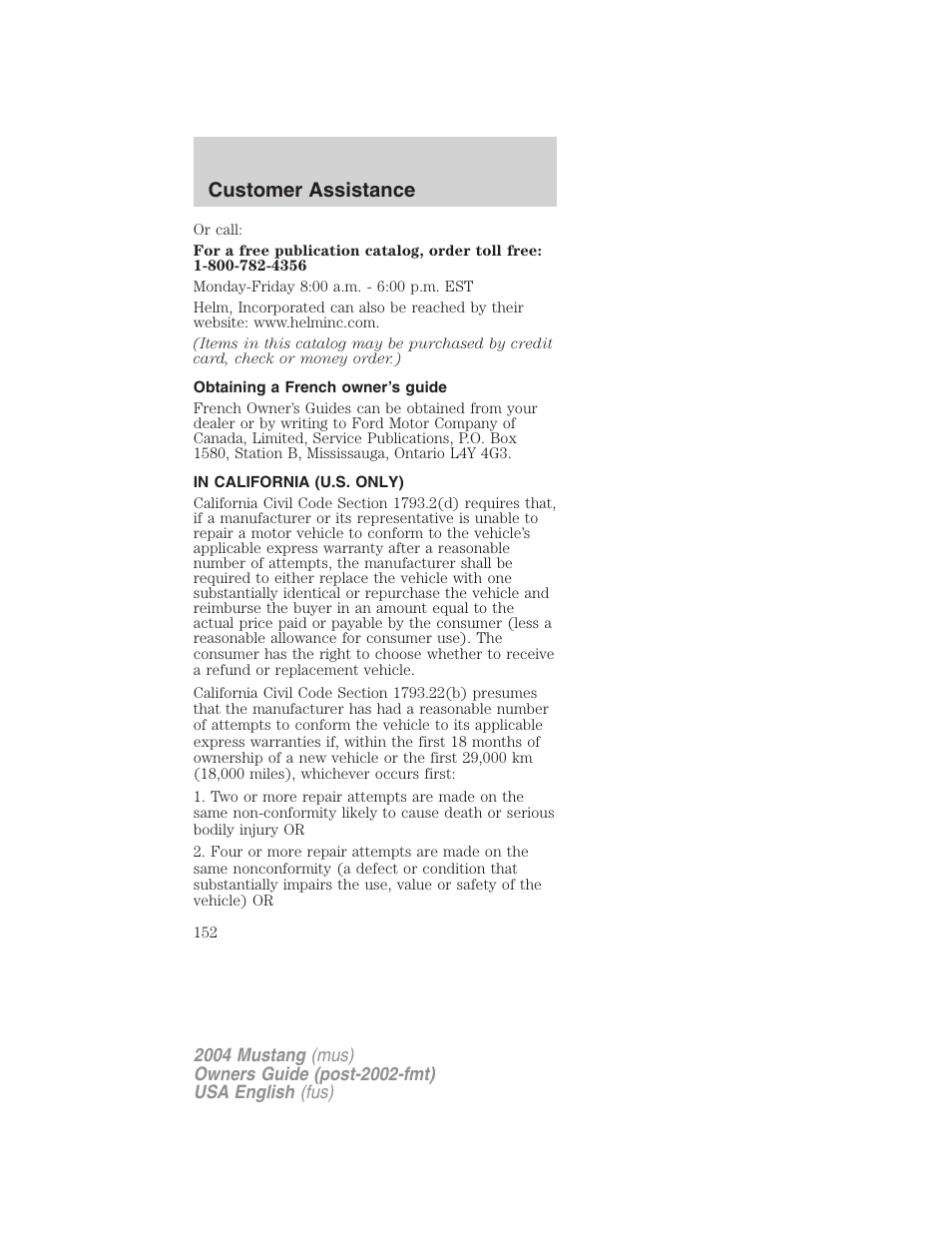 Customer assistance | FORD 2004 Mustang v.2 User Manual | Page 152 / 240