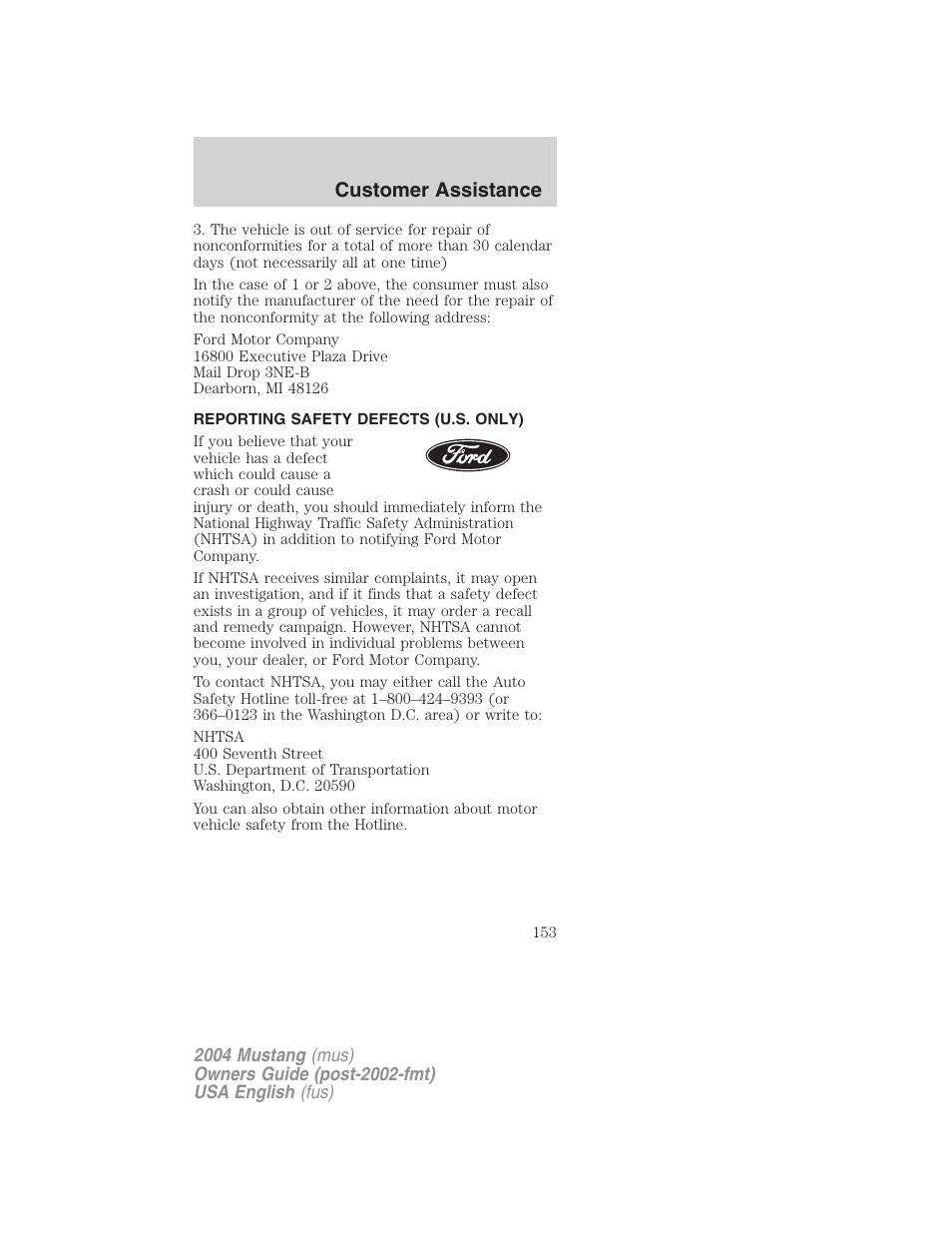Customer assistance | FORD 2004 Mustang v.2 User Manual | Page 153 / 240