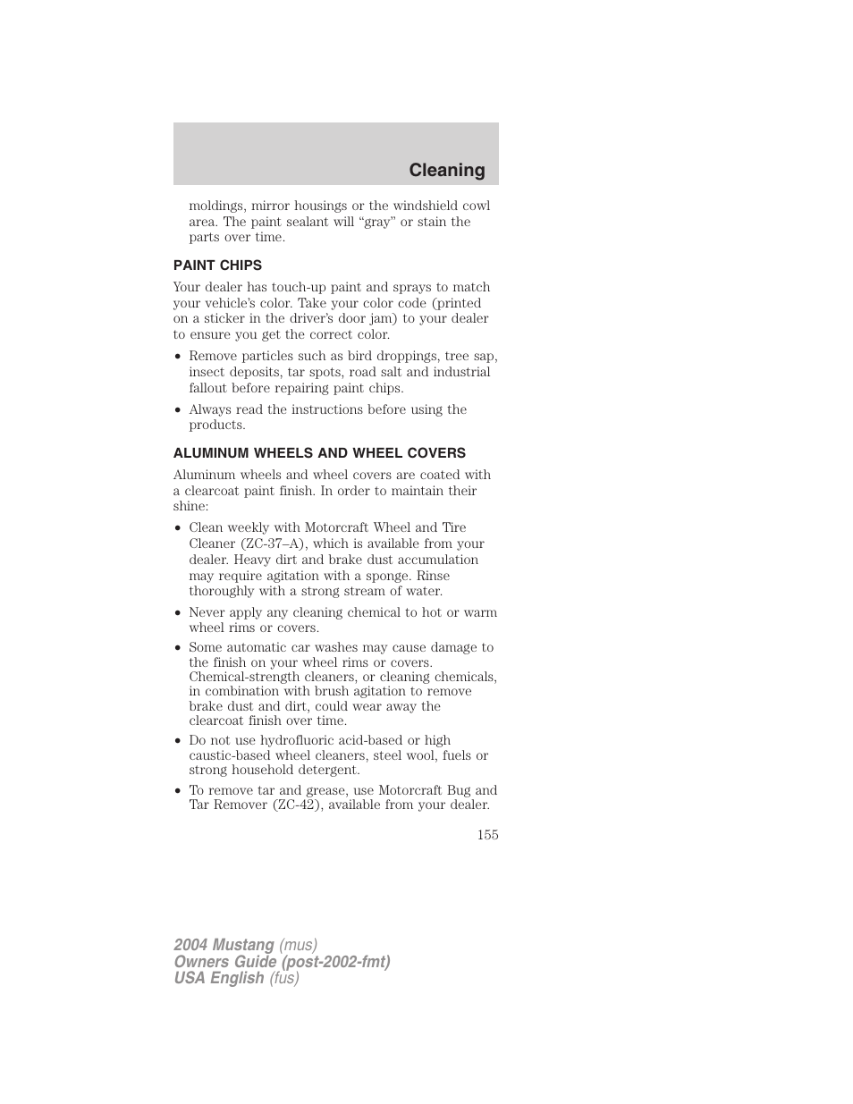 Cleaning | FORD 2004 Mustang v.2 User Manual | Page 155 / 240