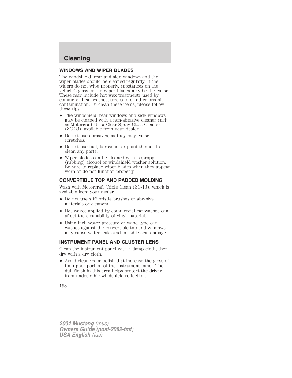 Cleaning | FORD 2004 Mustang v.2 User Manual | Page 158 / 240