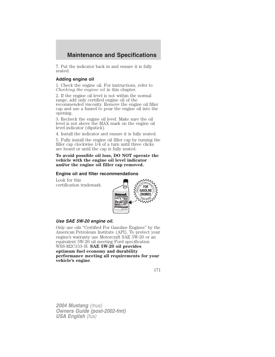 Maintenance and specifications | FORD 2004 Mustang v.2 User Manual | Page 171 / 240