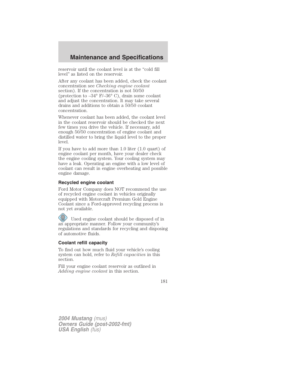 Maintenance and specifications | FORD 2004 Mustang v.2 User Manual | Page 181 / 240