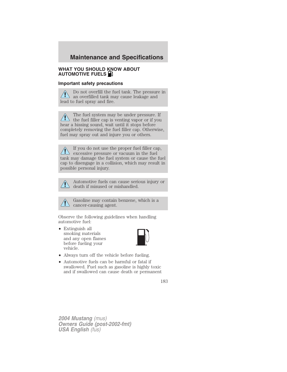Maintenance and specifications | FORD 2004 Mustang v.2 User Manual | Page 183 / 240
