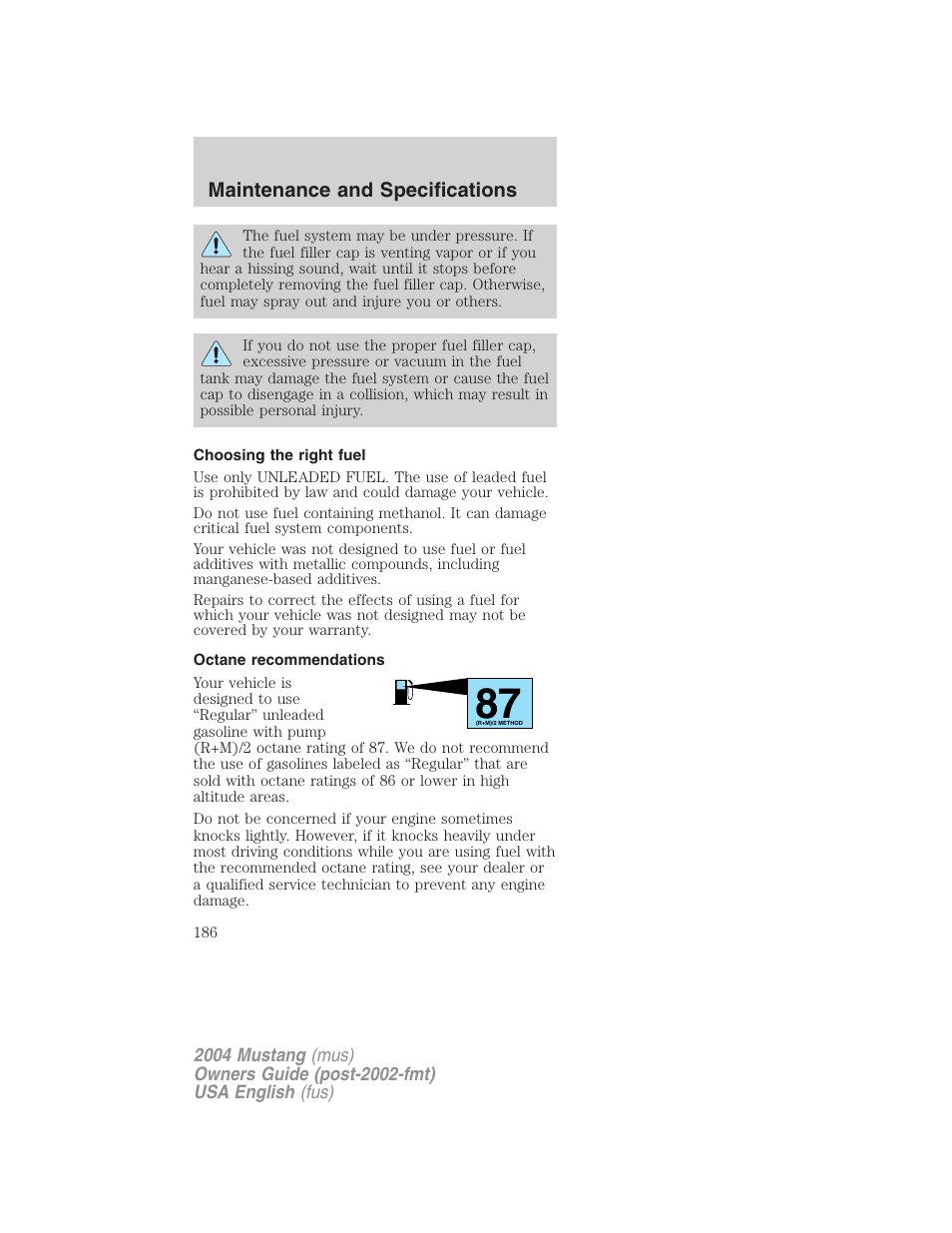 Maintenance and specifications | FORD 2004 Mustang v.2 User Manual | Page 186 / 240