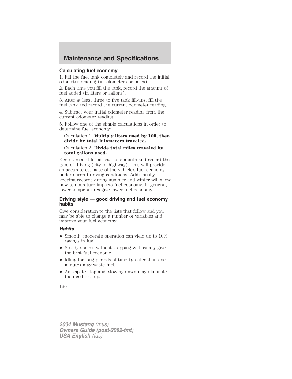 Maintenance and specifications | FORD 2004 Mustang v.2 User Manual | Page 190 / 240