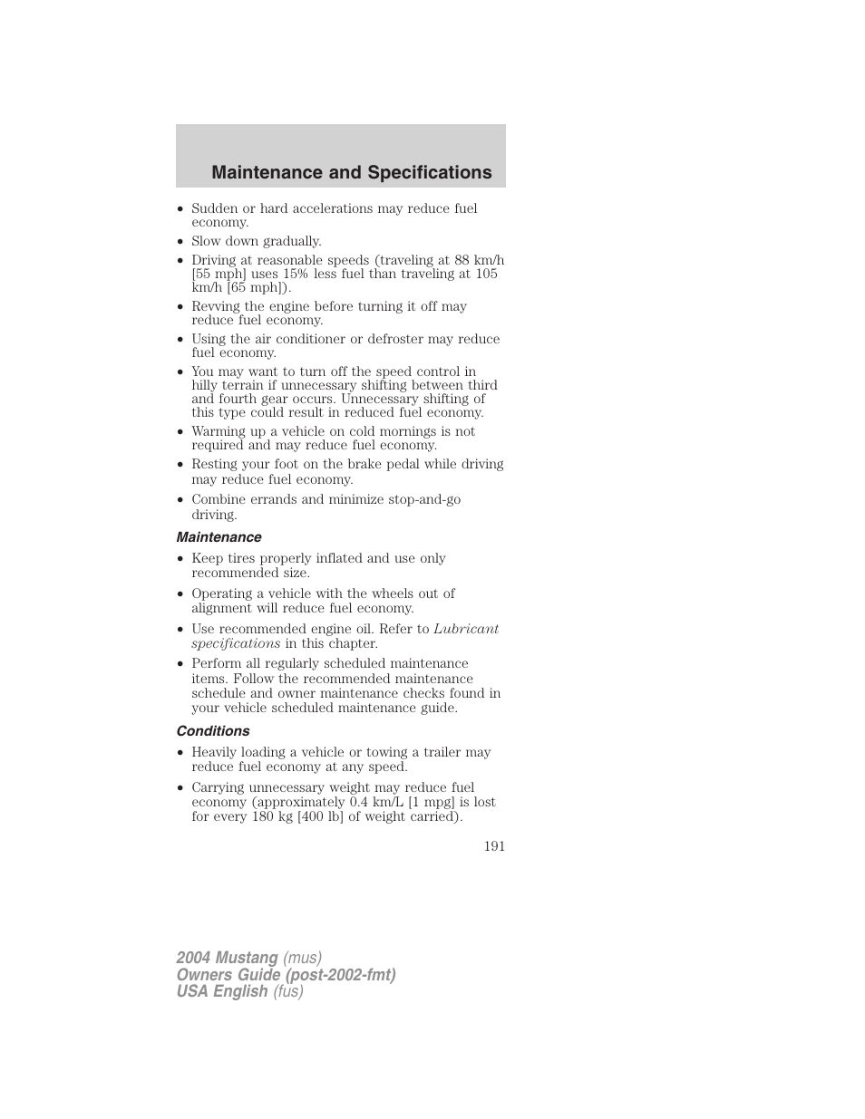 Maintenance and specifications | FORD 2004 Mustang v.2 User Manual | Page 191 / 240