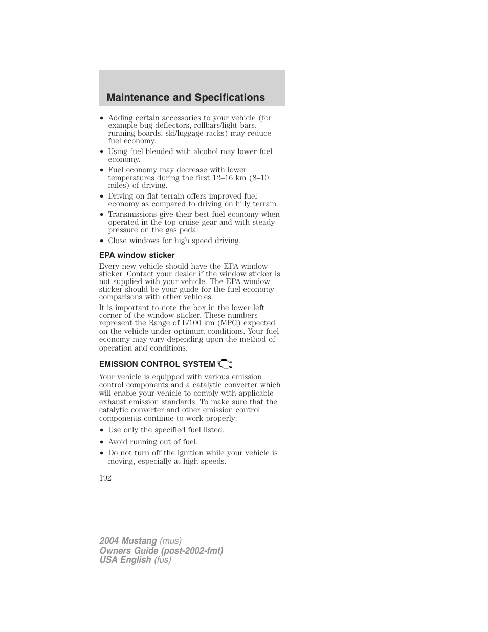 Maintenance and specifications | FORD 2004 Mustang v.2 User Manual | Page 192 / 240