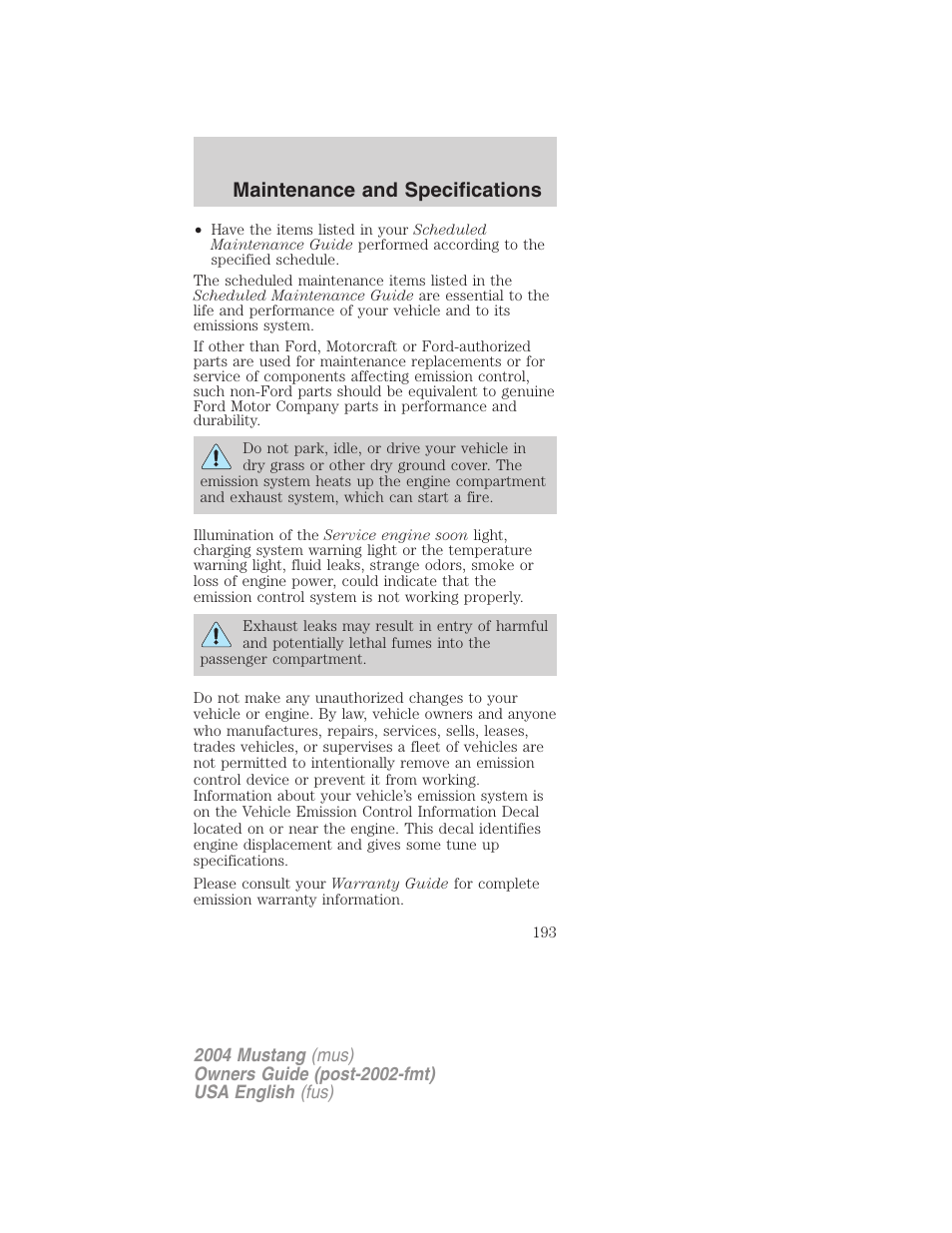 Maintenance and specifications | FORD 2004 Mustang v.2 User Manual | Page 193 / 240