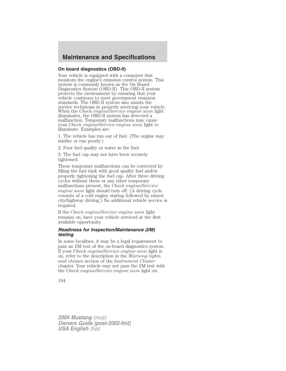 Maintenance and specifications | FORD 2004 Mustang v.2 User Manual | Page 194 / 240
