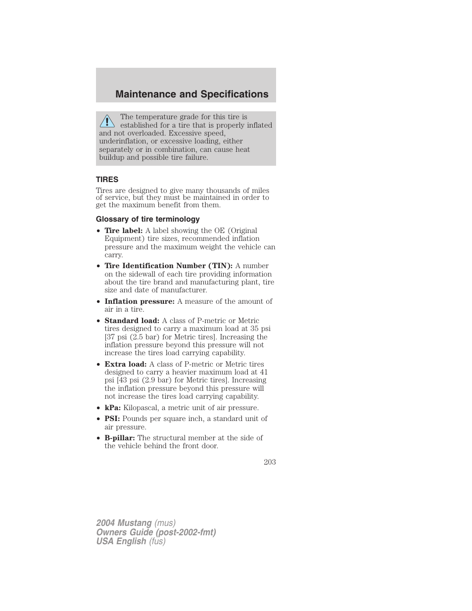 Maintenance and specifications | FORD 2004 Mustang v.2 User Manual | Page 203 / 240