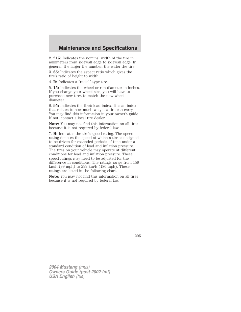 Maintenance and specifications | FORD 2004 Mustang v.2 User Manual | Page 205 / 240