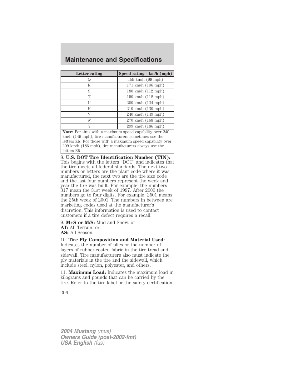 Maintenance and specifications | FORD 2004 Mustang v.2 User Manual | Page 206 / 240