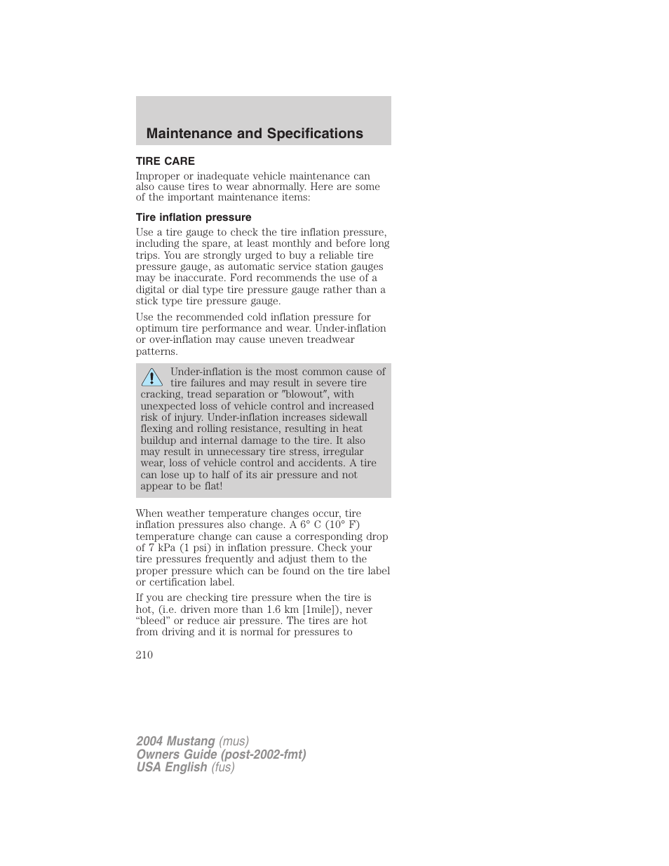 Maintenance and specifications | FORD 2004 Mustang v.2 User Manual | Page 210 / 240