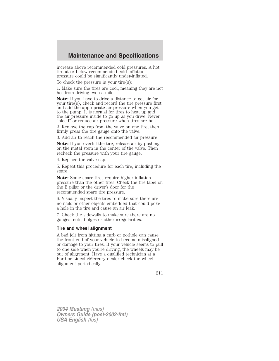 Maintenance and specifications | FORD 2004 Mustang v.2 User Manual | Page 211 / 240