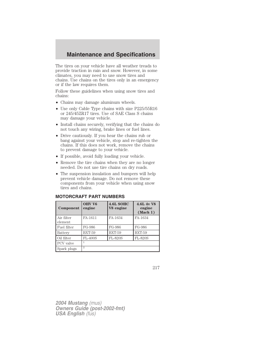 Maintenance and specifications | FORD 2004 Mustang v.2 User Manual | Page 217 / 240