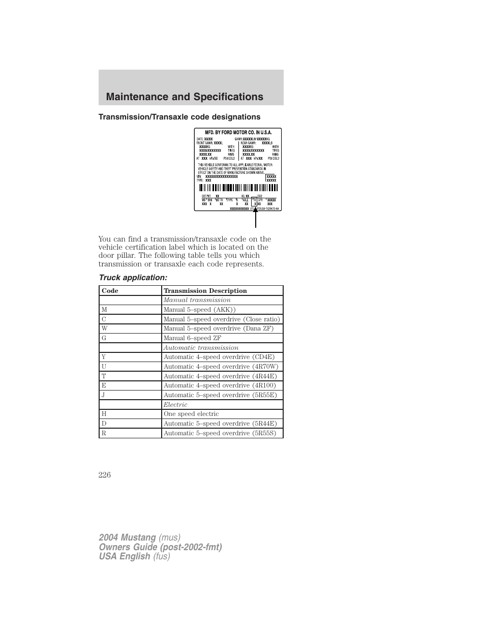 Maintenance and specifications | FORD 2004 Mustang v.2 User Manual | Page 226 / 240