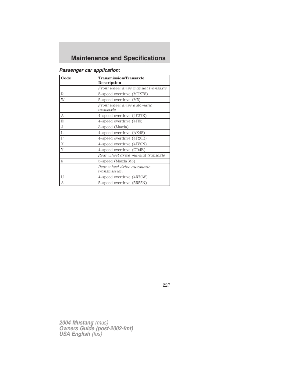 Maintenance and specifications | FORD 2004 Mustang v.2 User Manual | Page 227 / 240