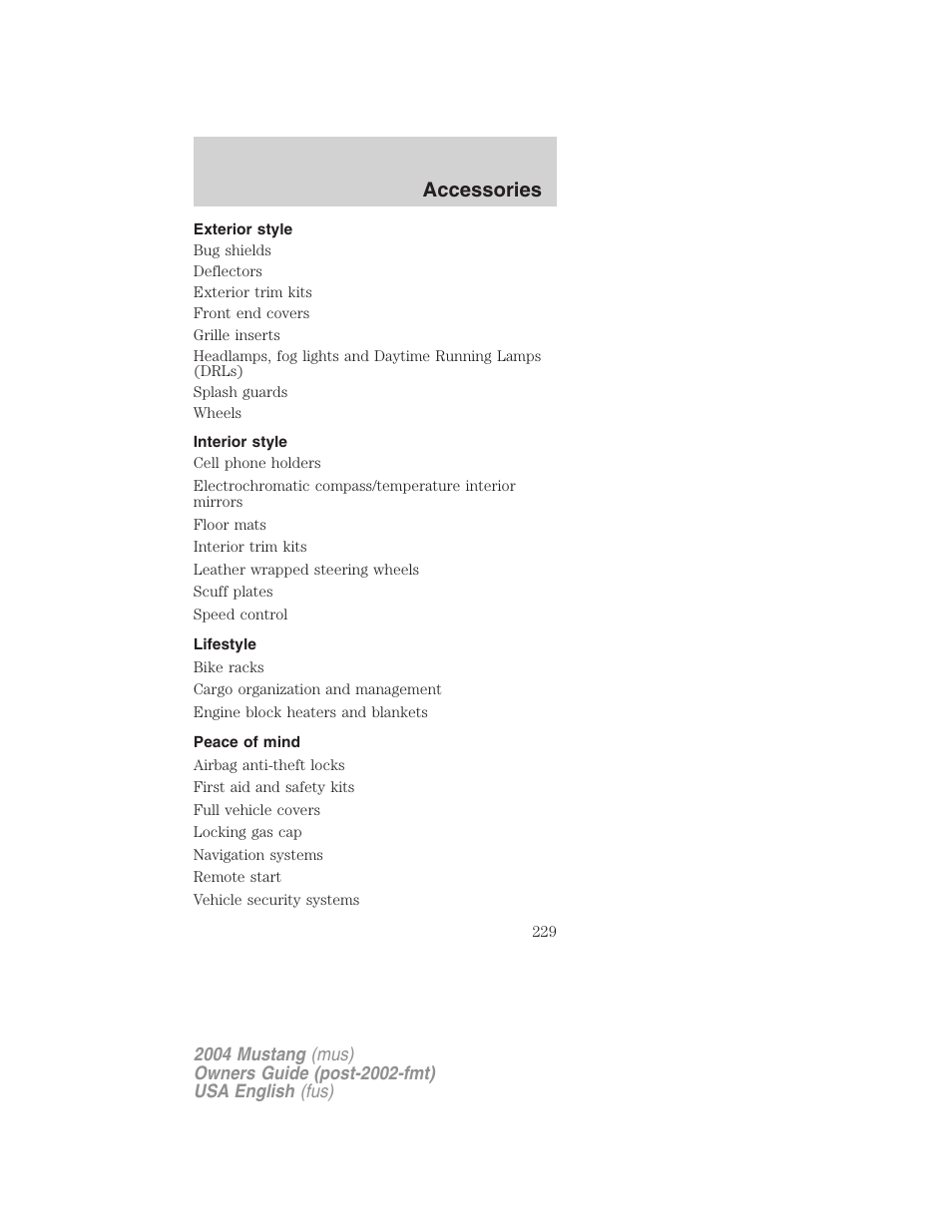 Accessories | FORD 2004 Mustang v.2 User Manual | Page 229 / 240