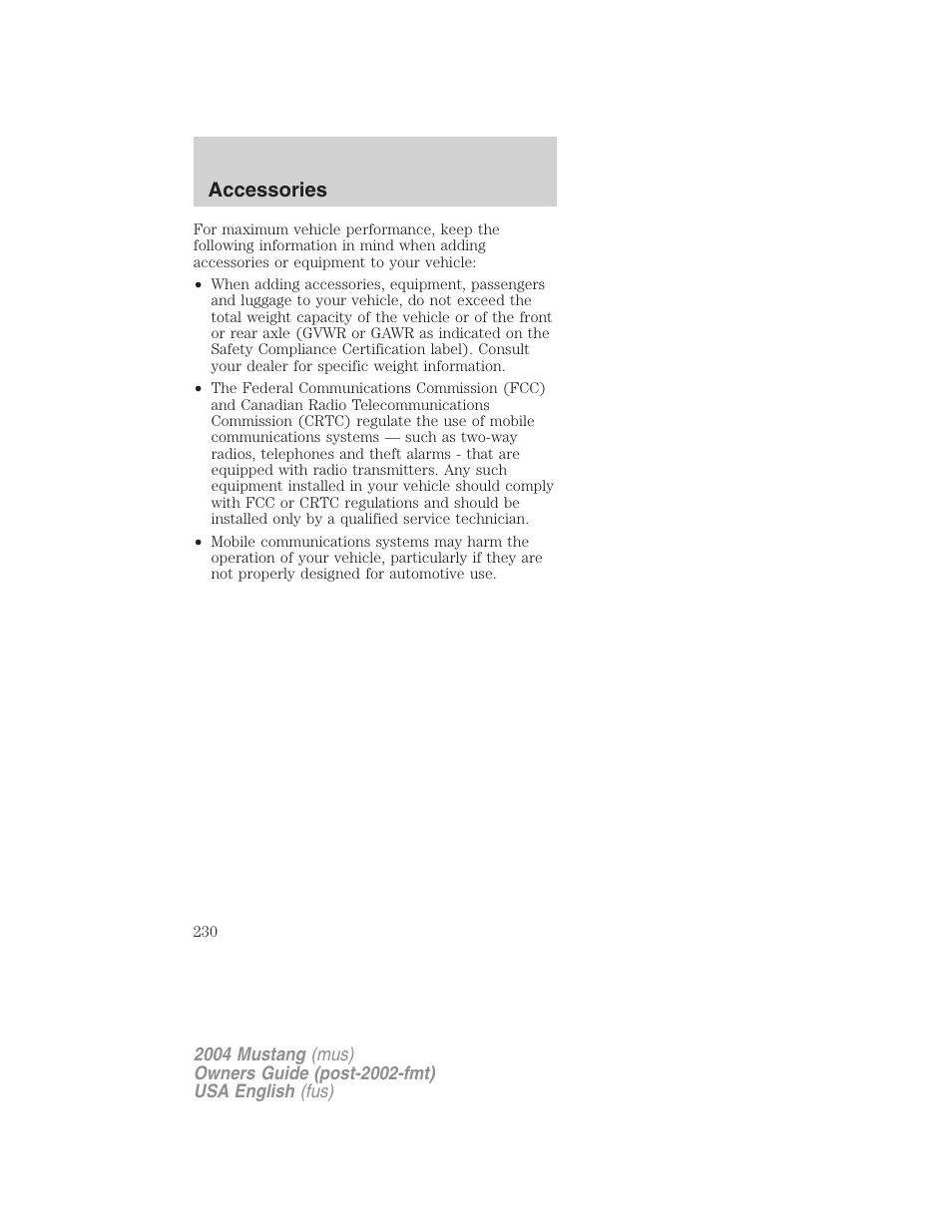 Accessories | FORD 2004 Mustang v.2 User Manual | Page 230 / 240