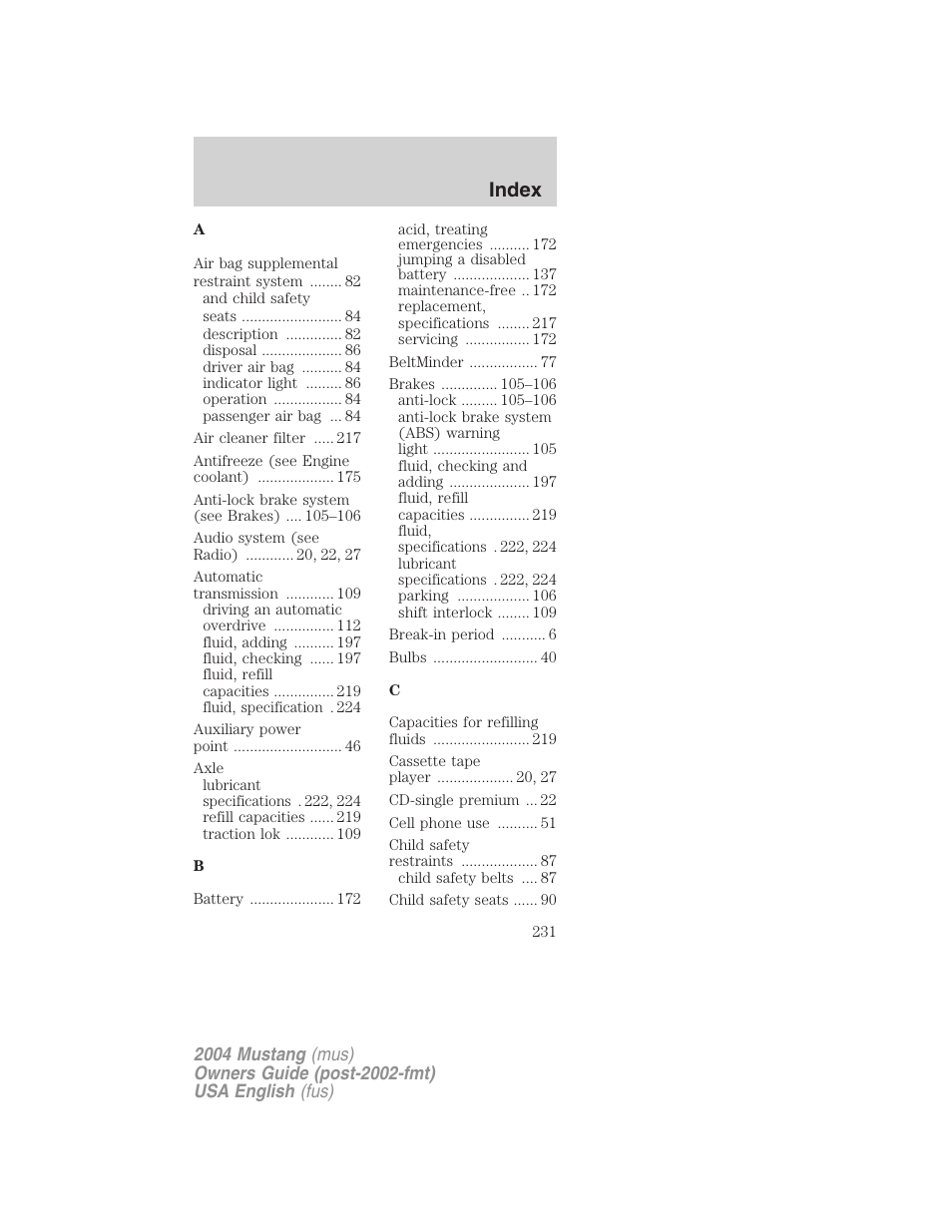 Index | FORD 2004 Mustang v.2 User Manual | Page 231 / 240