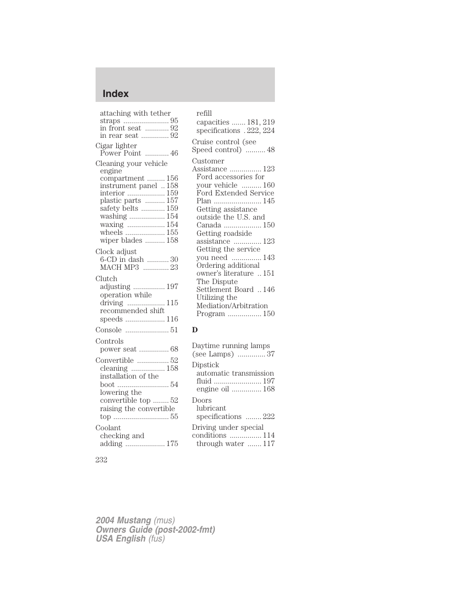 Index | FORD 2004 Mustang v.2 User Manual | Page 232 / 240