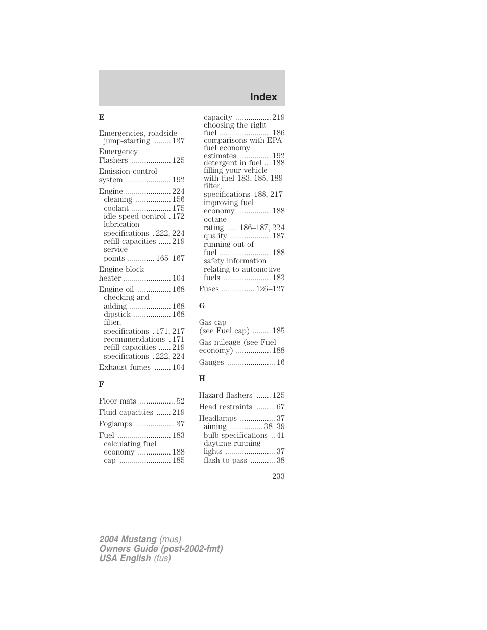 Index | FORD 2004 Mustang v.2 User Manual | Page 233 / 240