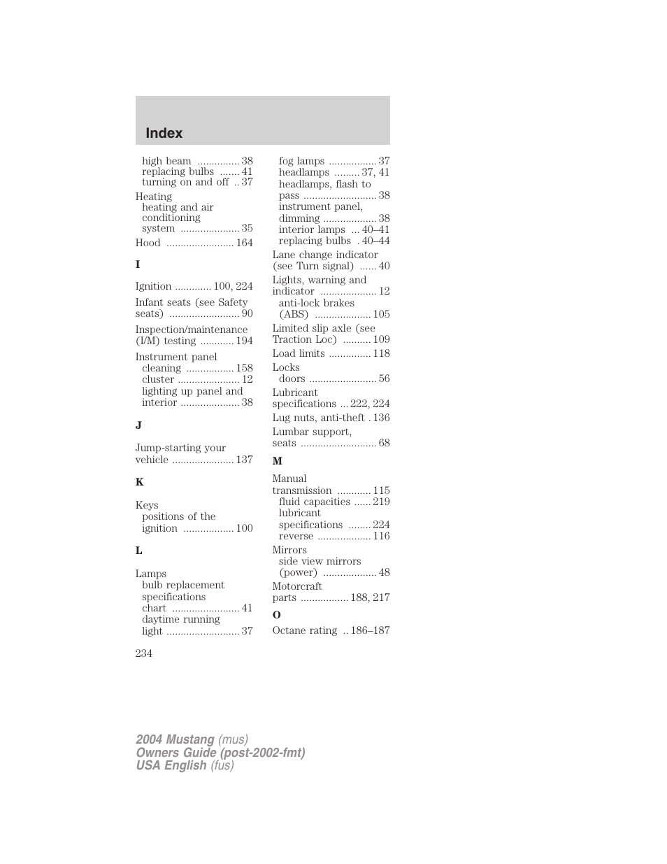 Index | FORD 2004 Mustang v.2 User Manual | Page 234 / 240