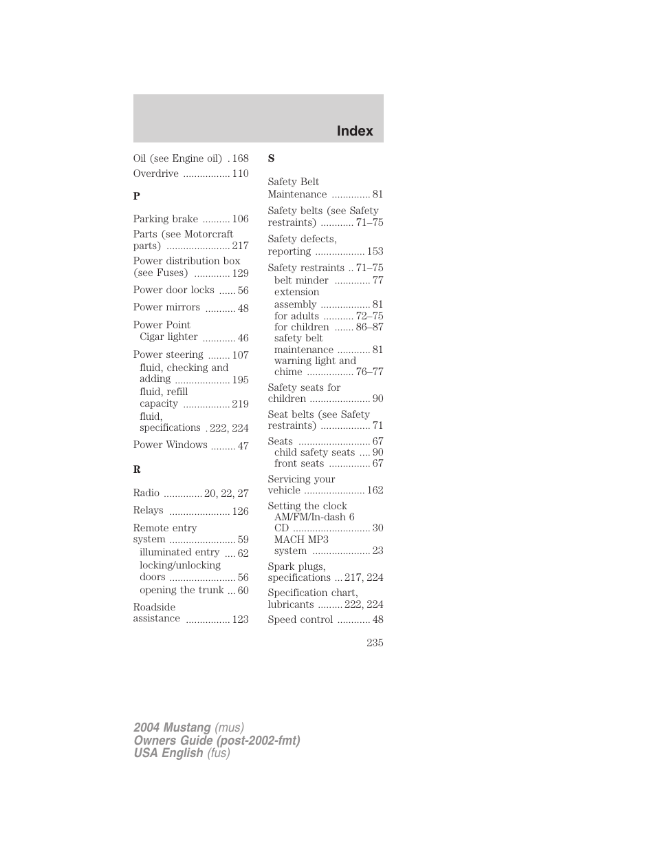 Index | FORD 2004 Mustang v.2 User Manual | Page 235 / 240