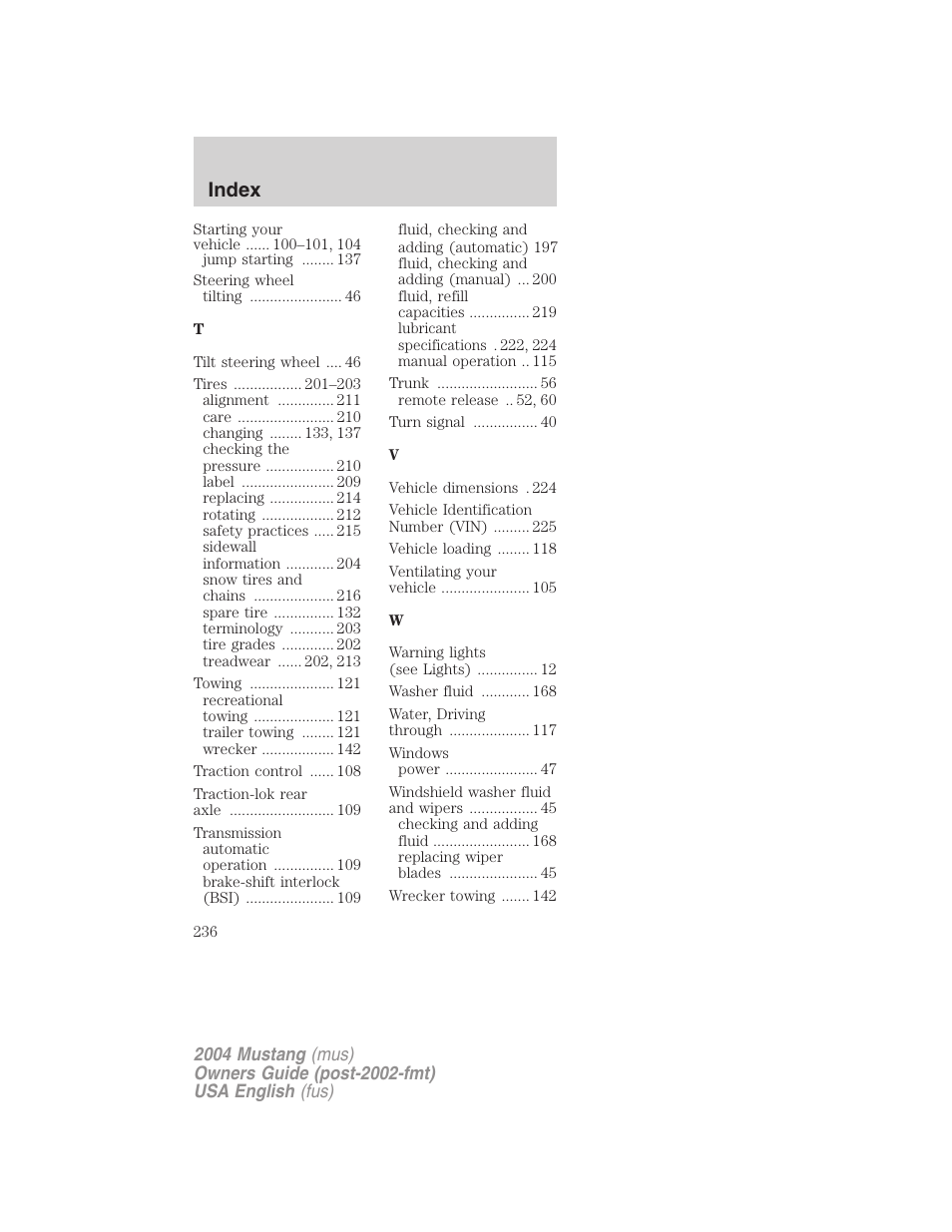 Index | FORD 2004 Mustang v.2 User Manual | Page 236 / 240