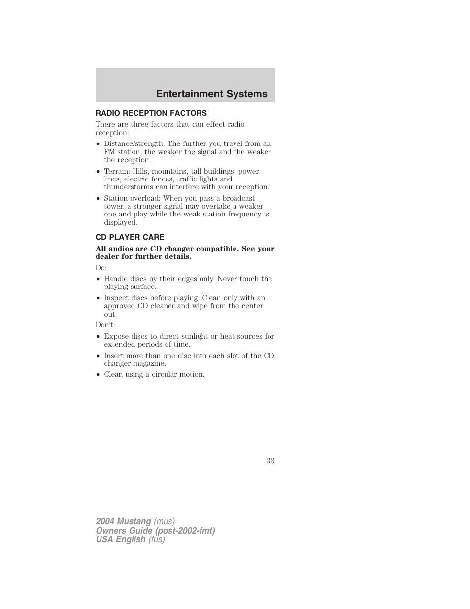 Entertainment systems | FORD 2004 Mustang v.2 User Manual | Page 33 / 240