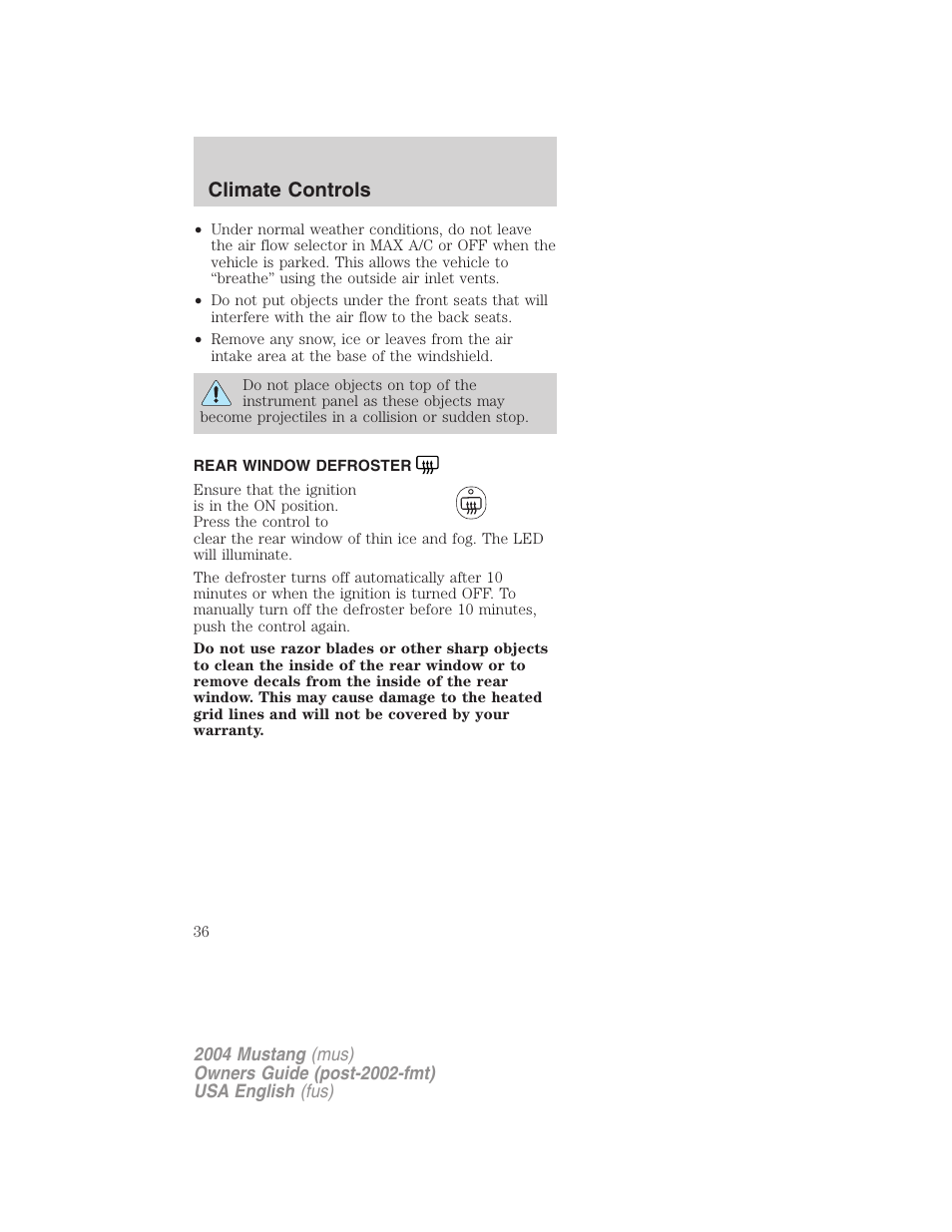 Climate controls | FORD 2004 Mustang v.2 User Manual | Page 36 / 240