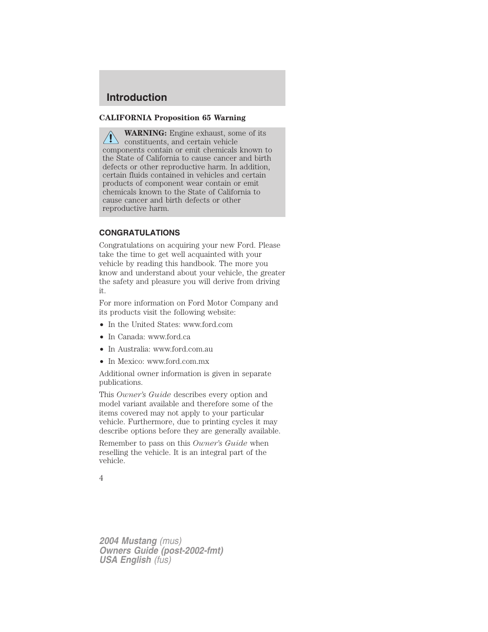 Introduction | FORD 2004 Mustang v.2 User Manual | Page 4 / 240