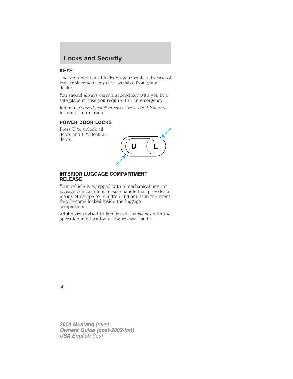 Locks and security | FORD 2004 Mustang v.2 User Manual | Page 56 / 240